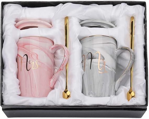 CPENSUS Ceramic Marble Finish Coffee Mug With Lid & Spoon For Anniversary Wedding Engagement Valentine Gifts For Couple 380 ML
