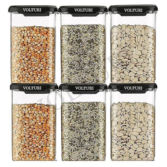 VOLTURI Air Tight Kitchen Containers Set of 6, Kitchen Storage Box for Pulses, Cereals, Grains, Dry Fruits, Pantry Organization, Kitchen Accessories Items for Home, Food Grade (1200 ML, Transparent)