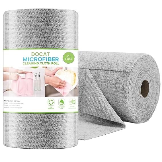DOCAT Microfiber Cleaning Cloth Roll 25x25 cm, Reusable and Washable Tear-Away Kitchen Towel Roll, Very Soft Cleaning Cloths for Home, Kitchen, Office, Electronics, Car Cleaning (Grey, 20 Pack)
