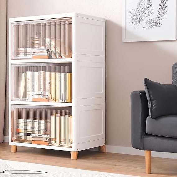 MECHDEL Foldable Plastic Cloth Rack for Storage/Kitchen Cupboard/Versatile & Sturdy Wardrobe for Clothes/Storage Organizer/Closet for Bedroom/Living Room/Laundry(Cupboard Rack-1 Door-Transparent,3PCS