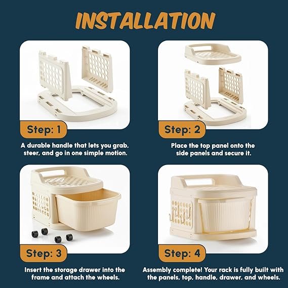 JD FRESH 4 Tier Plastic Storage Drawer Cabinet with Wheels/Modular Storage Drawer Organizer with Side Basket & Integrated Handle/Plastic Storage Trolley Rack for Home/Kitchen/Office/Books – (Ivory)