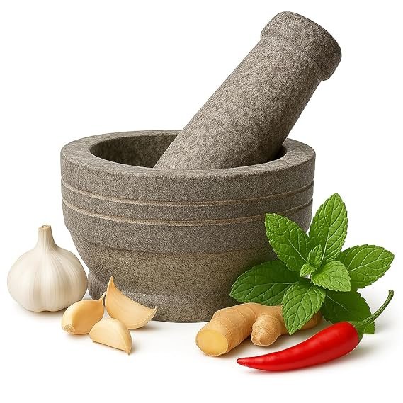 EZAHK Stone Mortar and Pestle Set for Spices, Okhli Masher, Khalbatta Stone, Natural & Traditional Grinder, Musal, Well Design for Kitchen, Home, Herbs (5.5 inch) Grey