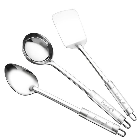 Parage 3 Pieces Stainless Steel Kitchen Tools for Home & Kitchen, Cooking & Serving, Basting Spoon (Chamcha), Ladle(Karchhi), Turner/Spatula (Palta), Dual Tone Handle Kitchen Gadgets, Silver
